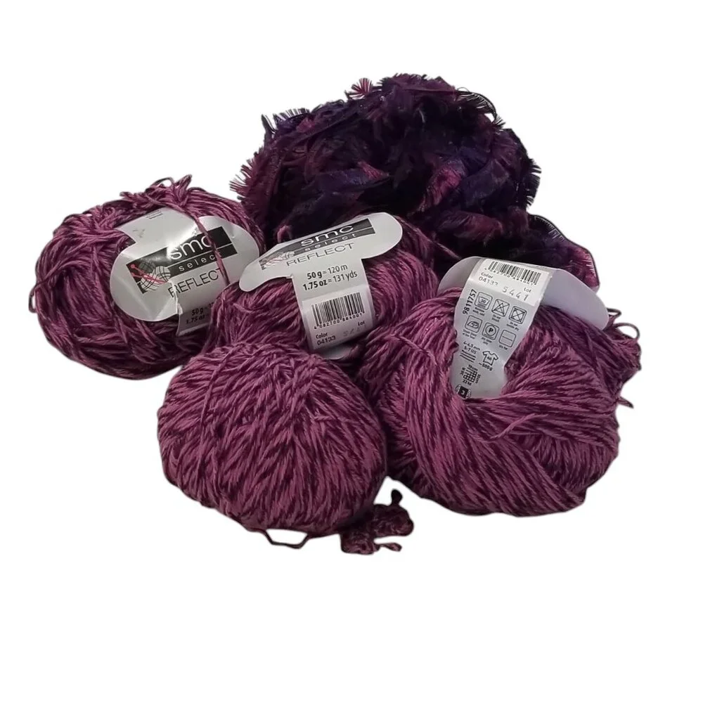 SMC Reflect Rayon Cotton Yarn & Eyelash Yarn 4 Skeins Berry Variegated Purples